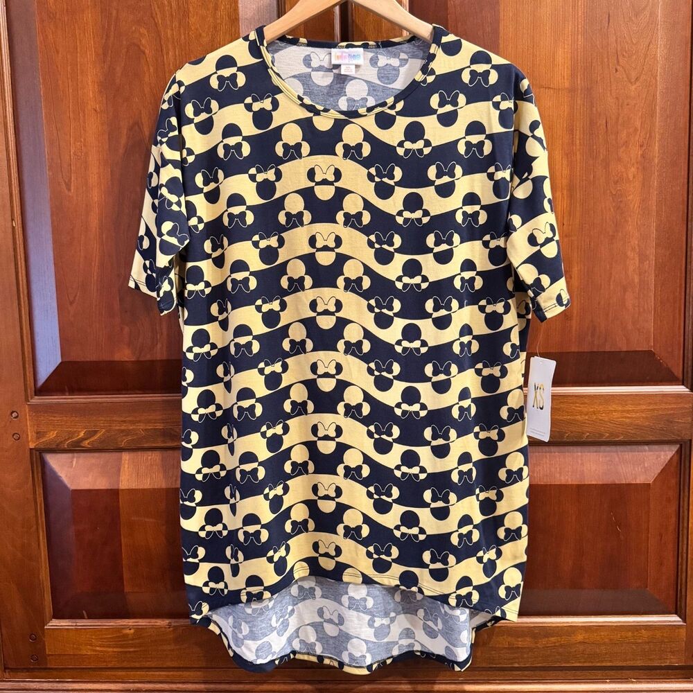 LuLaRoe Disney Irma Tunic Top XS Navy Yellow Minnie Mouse Print NWT